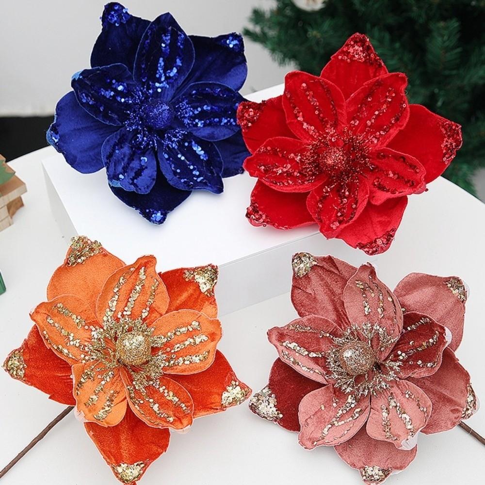 21cm Fake Christmas Flowers Sequin 3D Simulation Magnolia Wedding Party Decoration