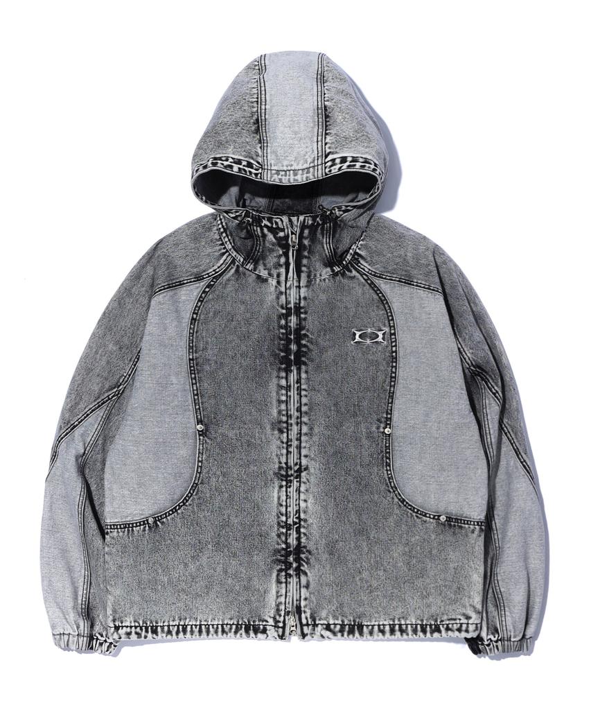 Critic Color Block Hood Denim Jacket Light Gray