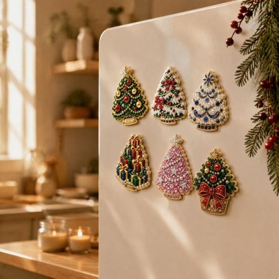 Whiteboard Magnetic Decorations 6Pcs DIY Faux Pearl Painting Fridge Magnet, Santa Snowman Stocking Tree Refrigerator Magnets Gingerbread Snowflake