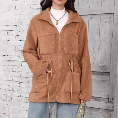 מעילי פליז שרפה לנשים עם דש, מעילים חמים ופרוותיים לסתיו ולחורף, מעיל טדי עם רוכסן, ביגוד עליון עם שרוולים ארוכים וכיסים, מעילי פרווה מלאכותית לנשים