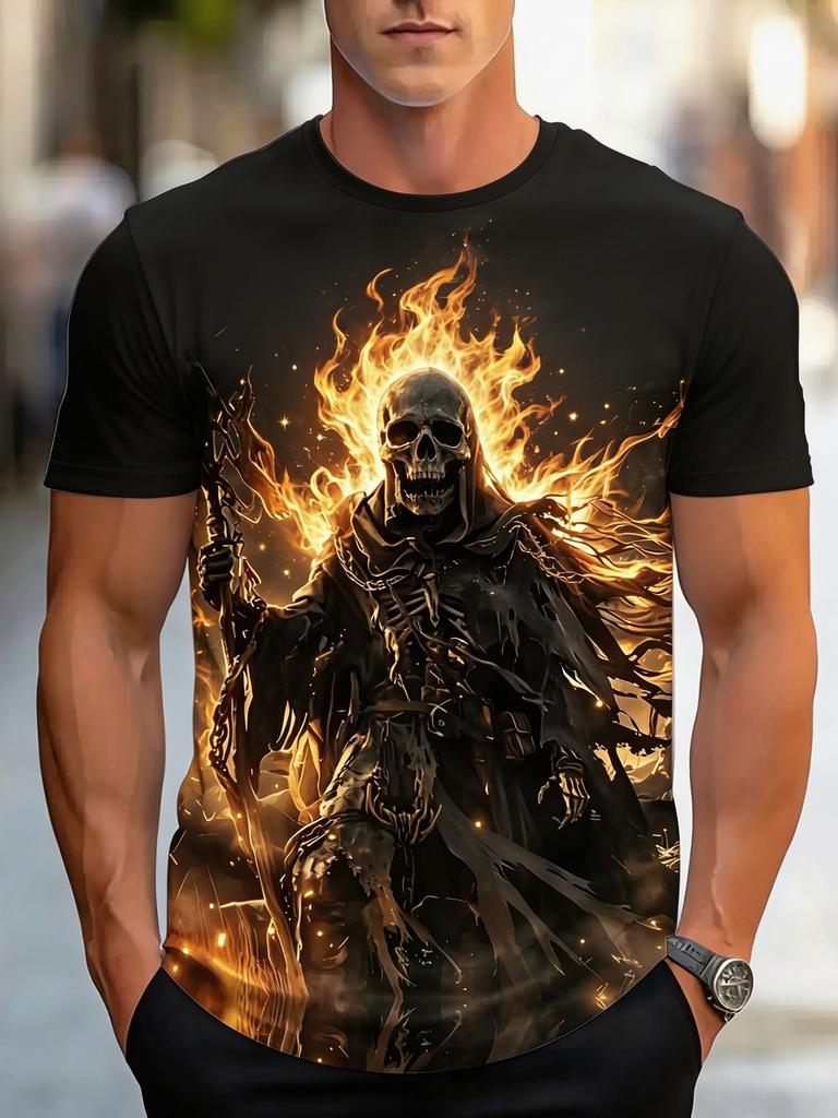 [Printed Design – Not Textured] Dark Flame Skull Grim Reaper Plus Size Men'S Short Sleeve T-Shirt, Plus Size Loose Fit Round Neck Casual Summer Men'S