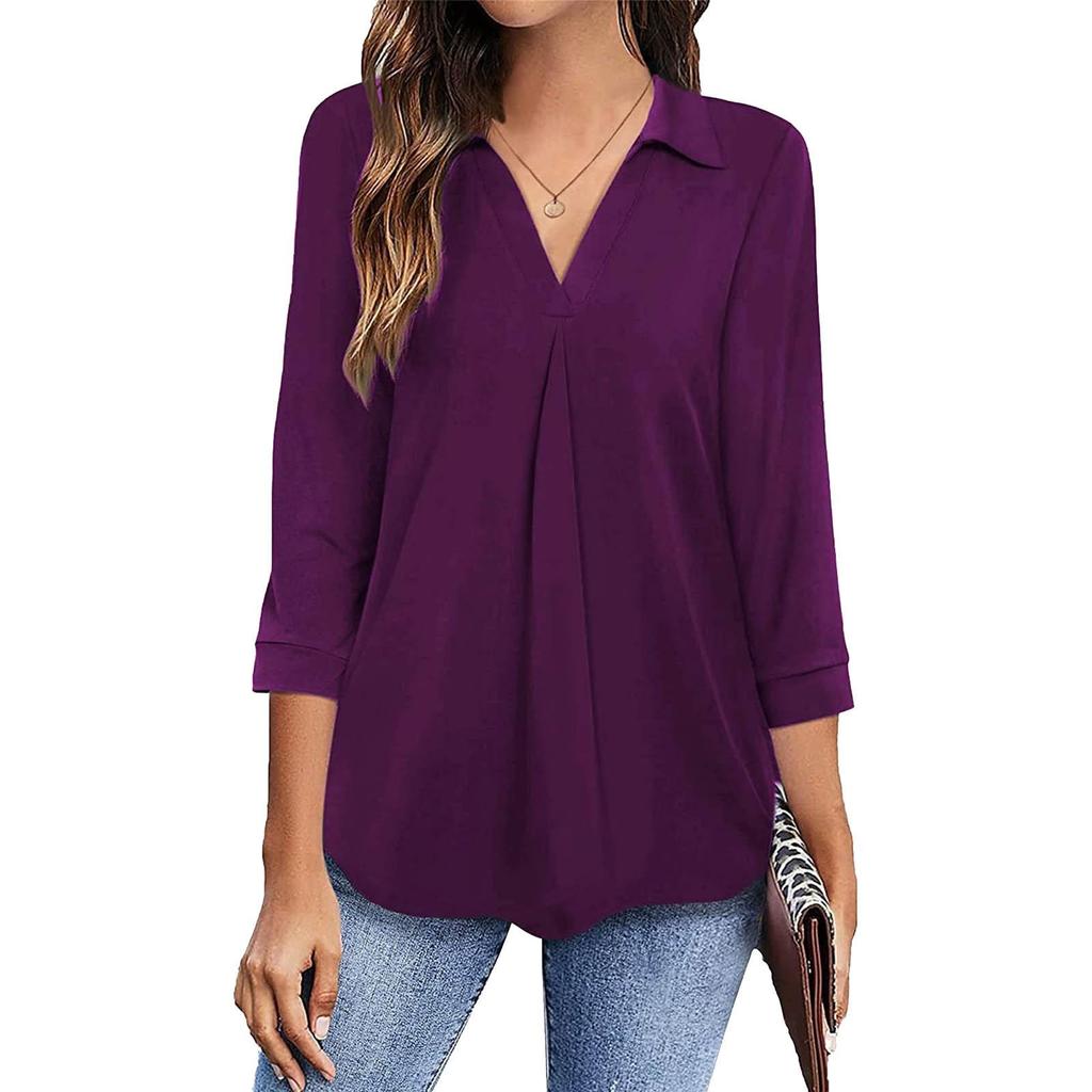 2025 Elegant Chiffon V-Neck Women's Shirt - Three-Quarter Sleeves, Solid Color