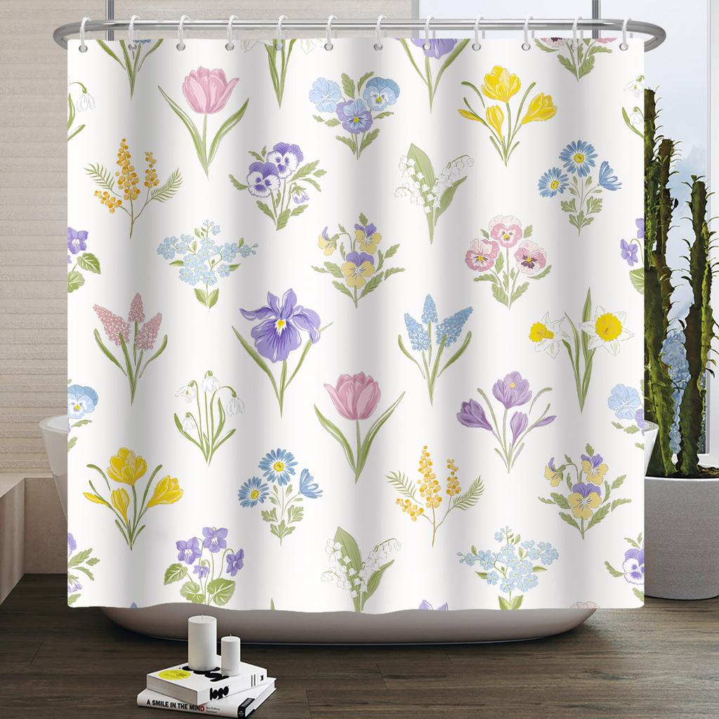 Fresh Flowers Print Shower Curtain Small Floral Home Bathroom Decoration Bath Curtains Waterproof Polyester Fabric With 12 Hooks