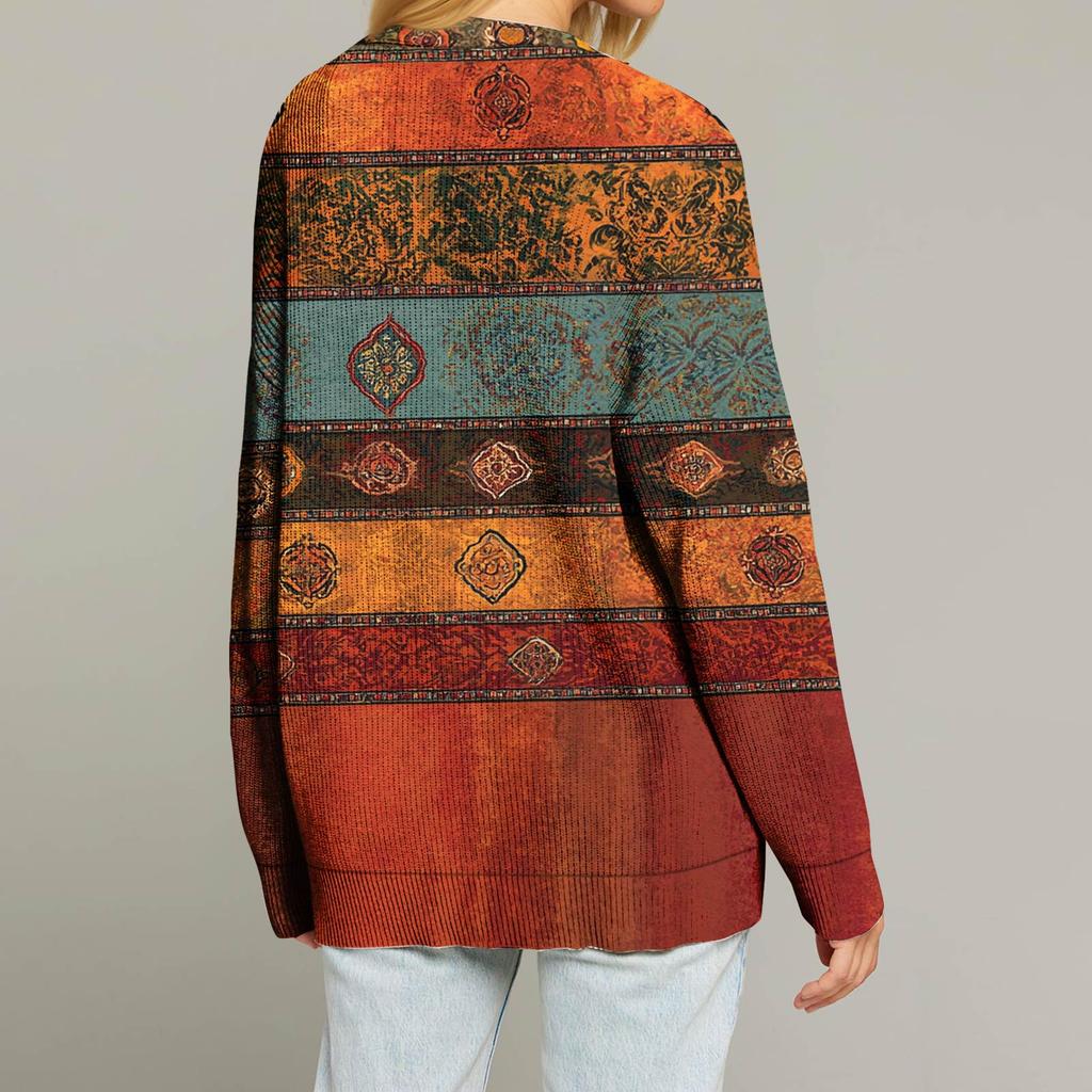 Cardigan dama cu maneca lunga, imprimeu de Craciun, decolteu in V, nasturi, larg