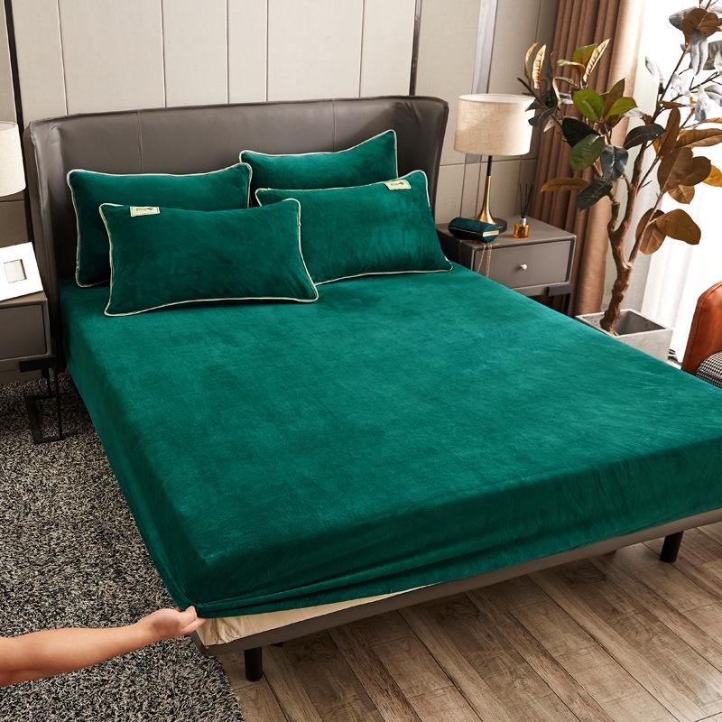 Solid Color Crystal Velvet Fitted Sheet Set - Single Piece Bed Sheet with Mattress Protector