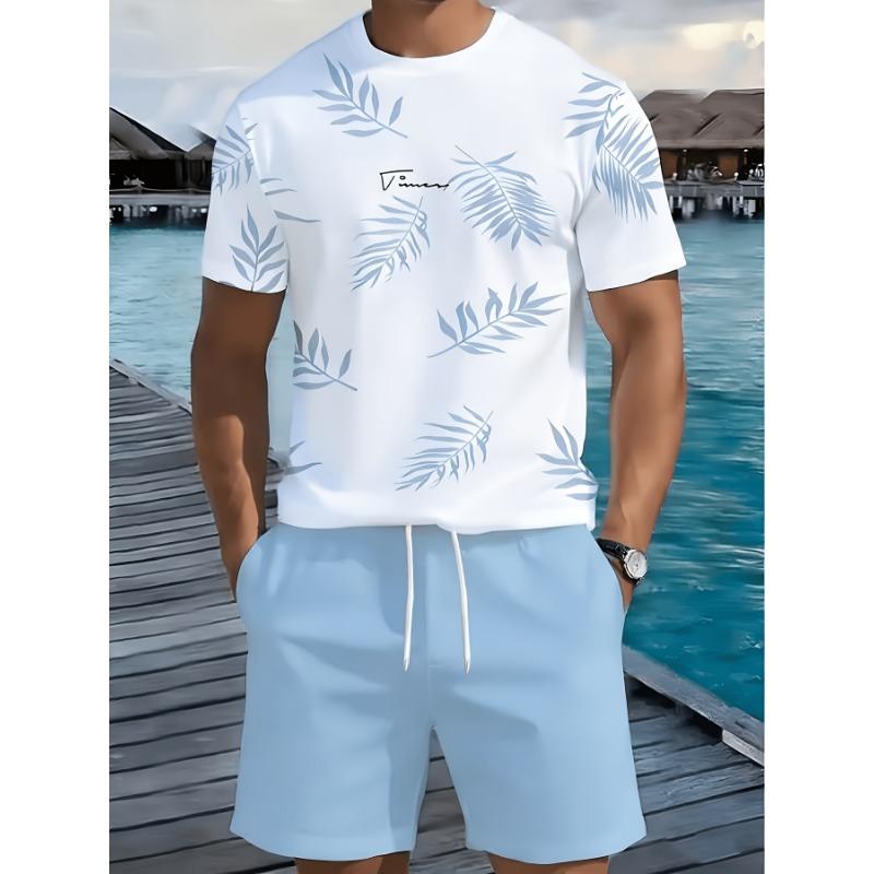2 Piece Summer Casual Everyday Men s Short Sleeve Shorts Set Hawaiian Print Men s T-shirt Outdoor Sports Men s Beach Shorts S синий