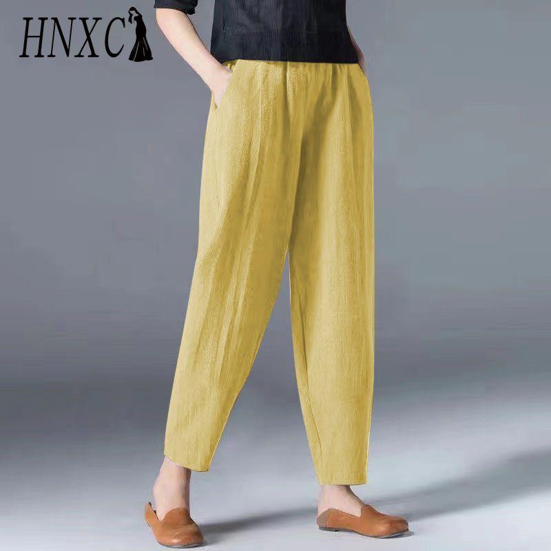 HNXC 9 Color Order Two Sizes Up, Women Summer Casual Loose Elastic Waist Cotton Linen Harem Pants Slim Trousers Ninth Trousers
