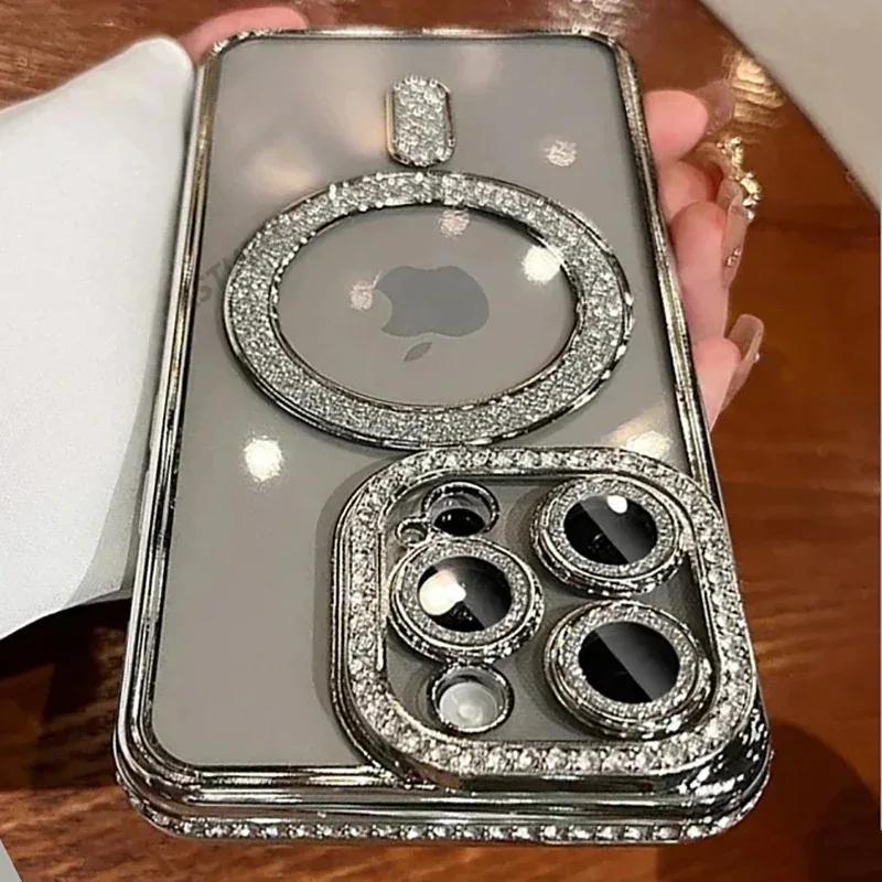 Nové módní třpytivé diamantové průhledné pouzdro pro iPhone 16 15 14 Plus 13 12 11 Pro Max magnetický kryt zad pro bezdrátové nabíjení