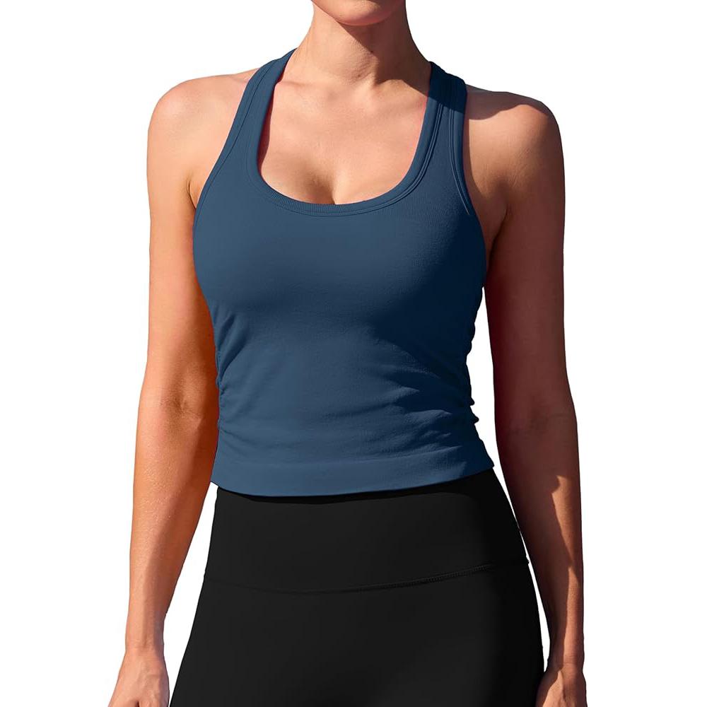 CHARMLEAKS Cropped Workout Tops for Women Tight Side Ruched Tank Tops Built In Bra Athletic Yoga Gym Top