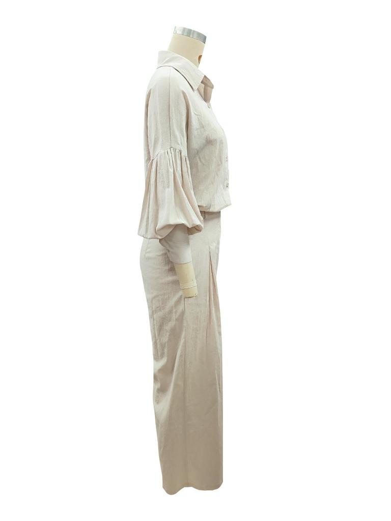 Autumn 2025 Solid Color Cotton Linen Two-Piece Set: Long Sleeve Shirt & Wide Leg Pants