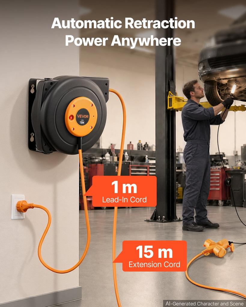 Retractable Extension Cord Reel 15 M Heavy Duty 16AWG / 3C Orange, for Ceiling/Wall Mount, Overheat Protection, Automatic Retractable Power Cord,