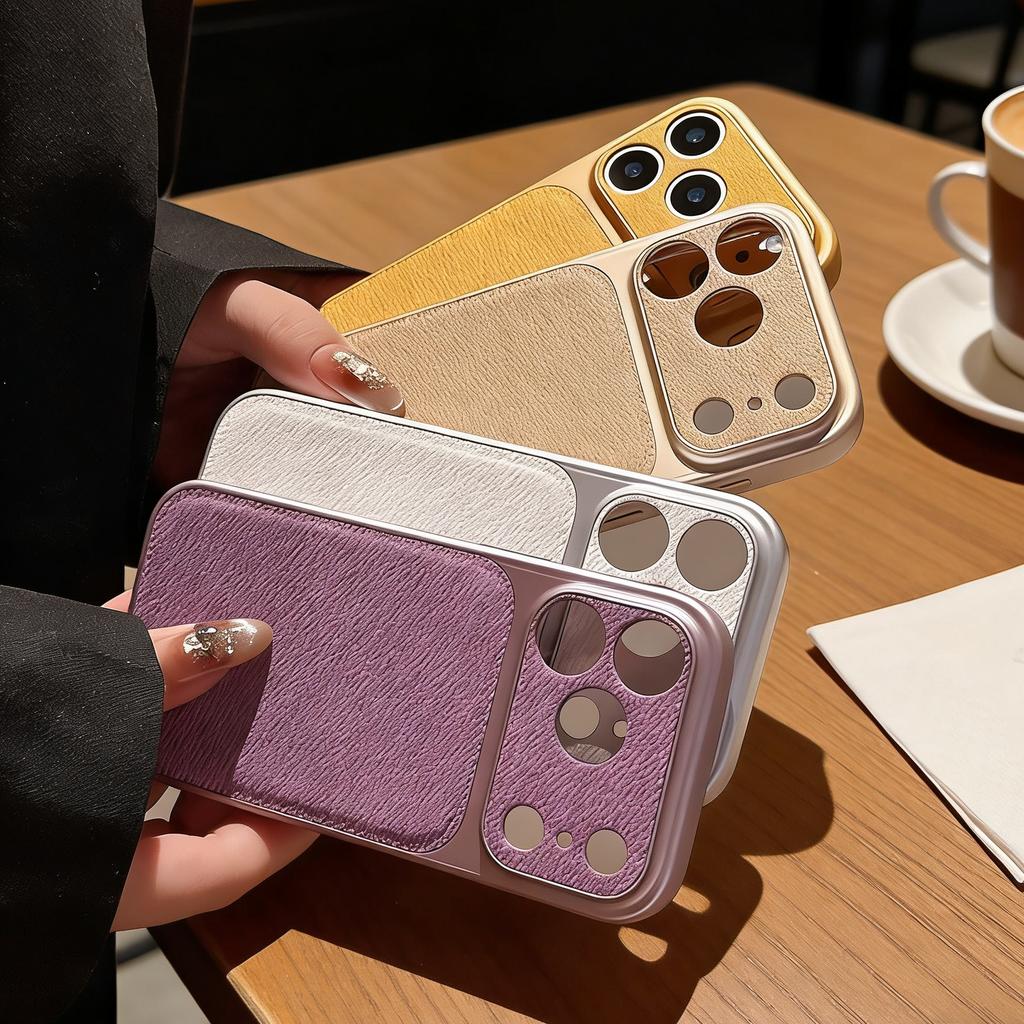 Original Solid Leather Color Case for iPhone 17 Air 16 15 14  Pro Max Matte Shockproof Hybrid PC Large Camera Window Cover