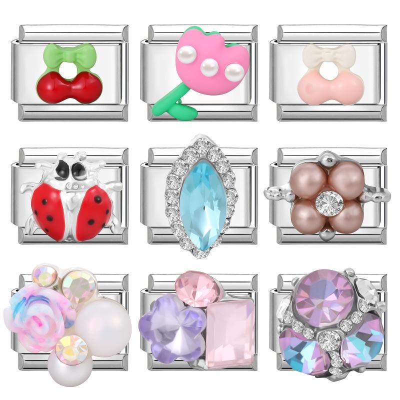 Fashion Cherry Flower Heart Star Dreamy Shiny Zircon Y2K Italian Charm Links Fit 9mm Bracelet Stainless Steel DIY Making Jewelry
