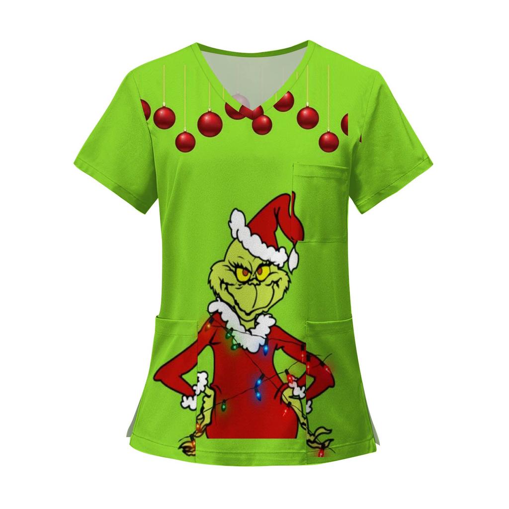 Camisetas de trabajo con bolsillos y cuello en V y manga corta estampadas a la moda para mujer