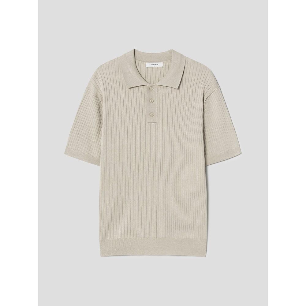 Beige Ribbed Collar Short Sleeve Knit Beige/L