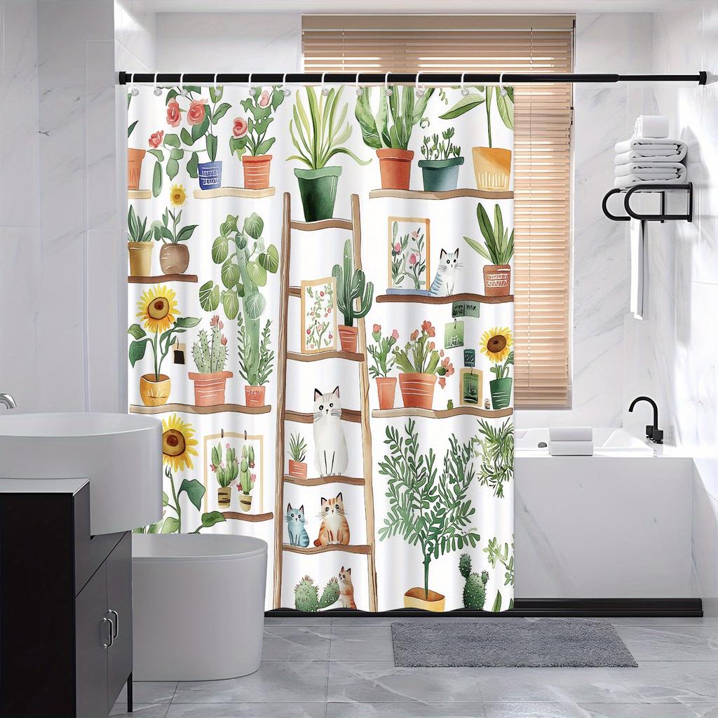 Shelf Potted Cat Shower Curtain, Green Plants & Flower Stands, Pastoral Design, Polyester, 12 Hooks