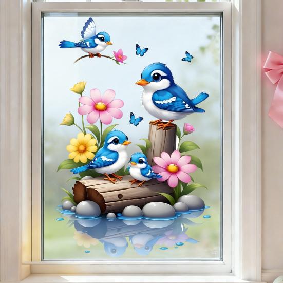 Watercolor Bird Window Sticker Cartoon Blue Birds Flowers Butterflies Double Sided Static Cling