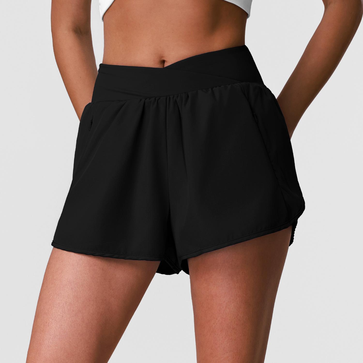 Women s Crossover High Waist Quick Dry Running Shorts with Zipper Pockets and Liner S чёрный