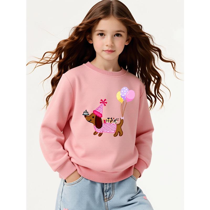 Girls Soft Crewneck SweatshirtDachshund Birthday Party Print with Balloons And Gifts with Cute Creative Print, Casual All-Match for Fall Winter