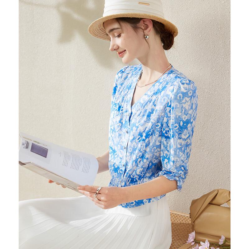 TUHUANG Women s Floral Mulberry Silk V-Neck Blouse M