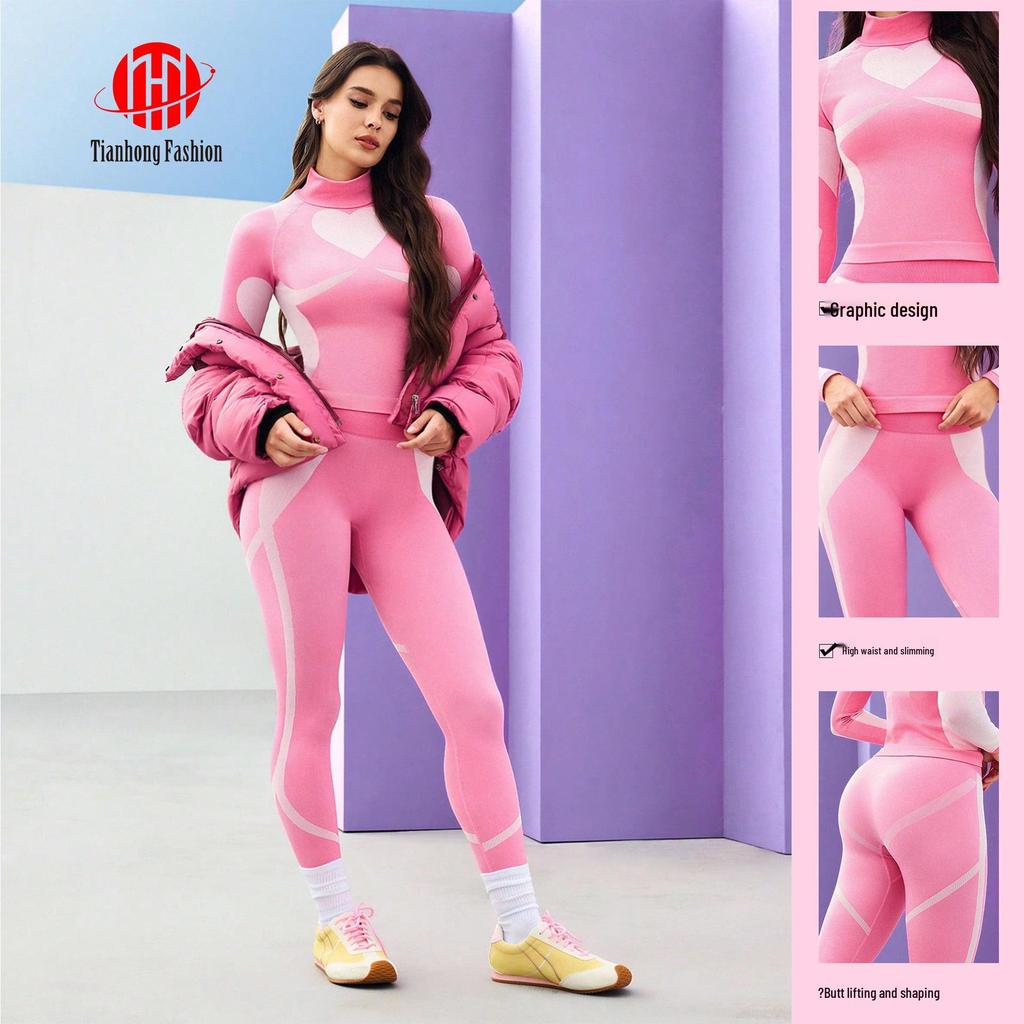 High-Collar Ski & Yoga Wear Set: Butt-Lifting, High-Elasticity, Long-Sleeve Top & Pants for Outdoor Sports