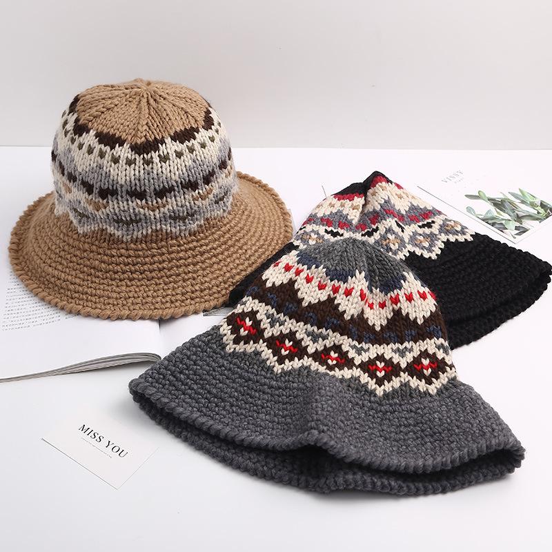 Coarse Wool Fisherman Hat for Women In Autumn and Winter Versatile Street Handmade Crochet Knitted Wool Hat Japanese Literary Curly Basin Hat