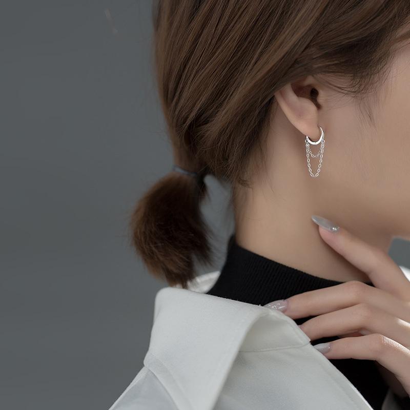 925 Sterling Silver Trendy Geometric Link Chain Tassel Hoop Earrings for Women Girls Party Gift Fine Jewelry
