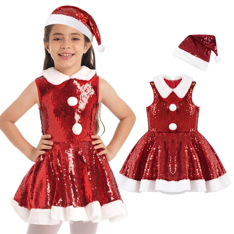 Barn Jenter Julefest Danseforestilling Kostyme Ermeløse paljetter Kjole med hattesett