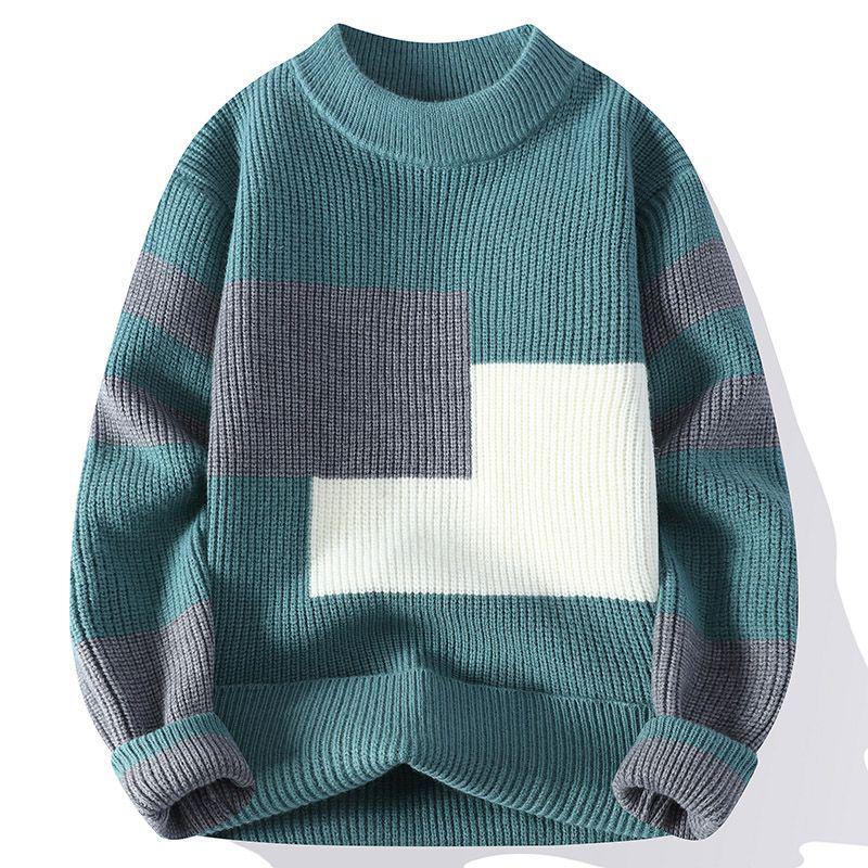 2024 Autumn/Winter Men's Youth Color Block Sweater - Trendy Student Round Neck Pullover Knitwear
