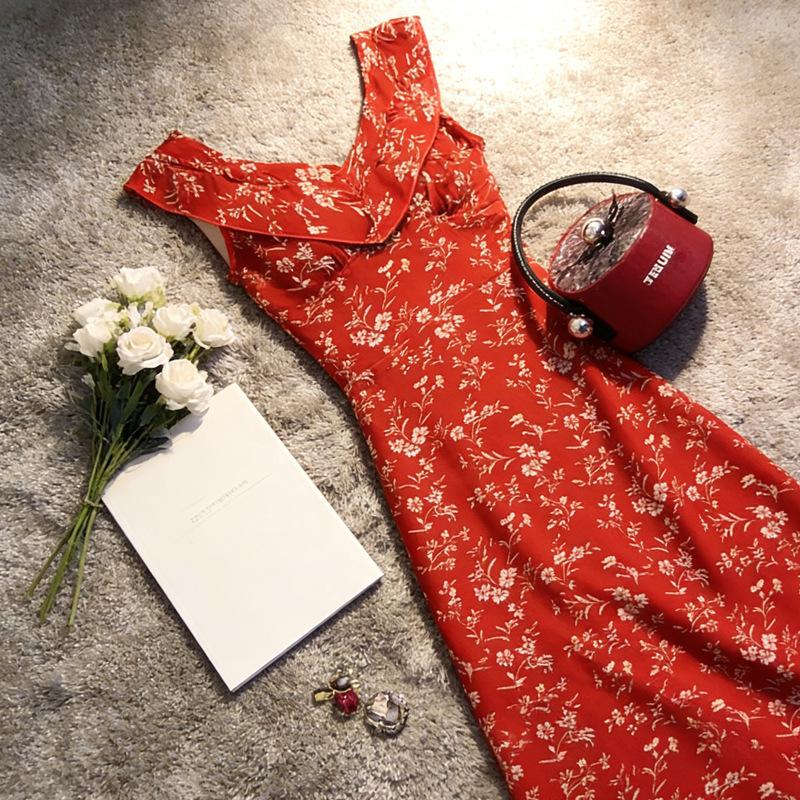 Suspender dress design sense Muse Fan retro floral hip-wrapped long dress temperament super fairy red sleeveless ruffle edge