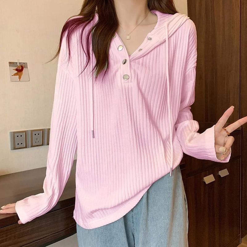 Plus Size T-skjorte Kvinner Hette Høst Kvinner Liten knapp V-hals Langermet bunnskjorte Hundre Loose Casual Topper