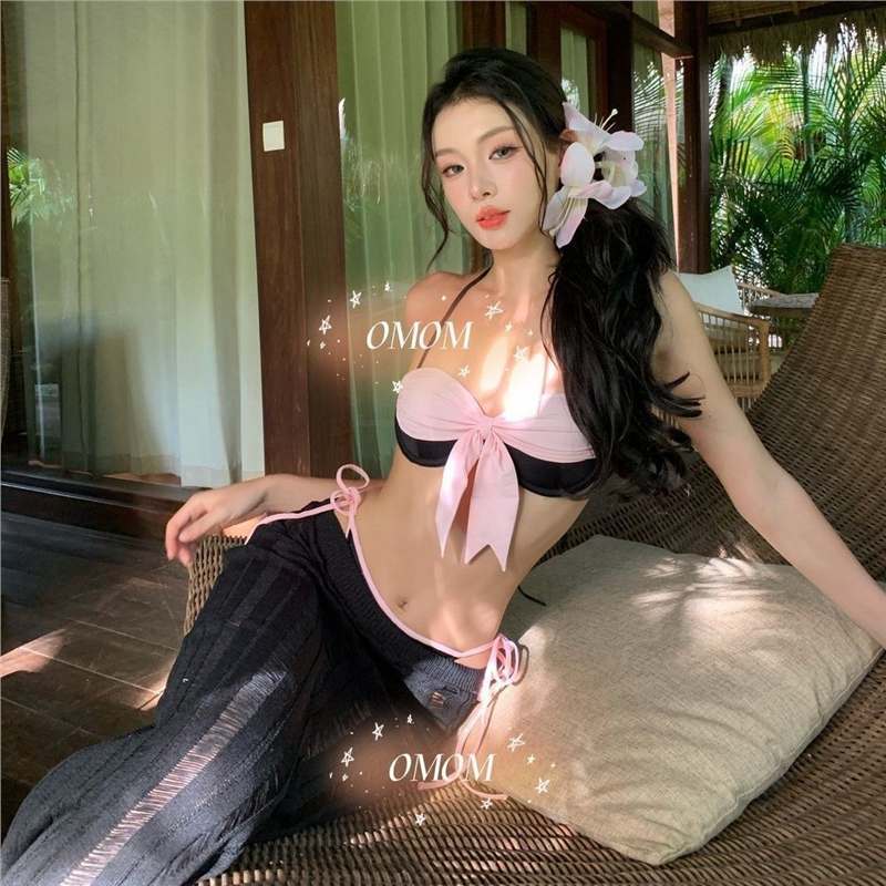 [Rebel Sweetheart] Island Vacation Sweet and Sexy Color Matching Knitted Fishtail Dress Summer Film Swimsuit Bikini