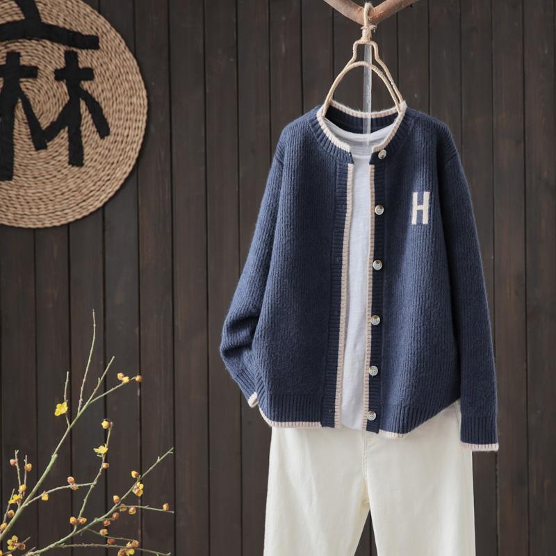 

Sweater Jacket Loose Solid Color Round-neck Knitted Coat for Women Autumn and Winter Casual Sweater Cardigan 2XL синий