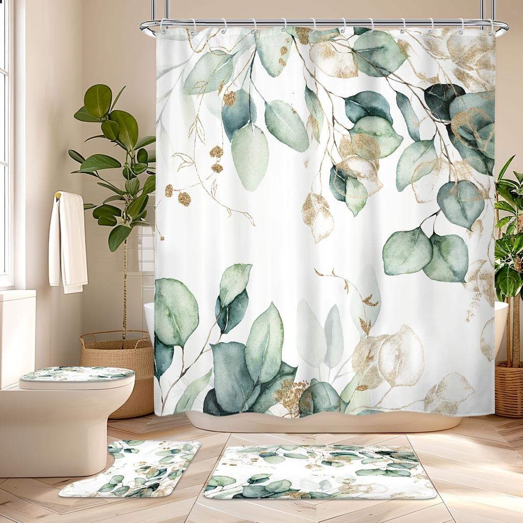 4Pcs Shower Curtain Set with Non-Slip Bath Mat, Toilet Lid Cover, Contour Rug & 12 Hooks, Bathroom Decor