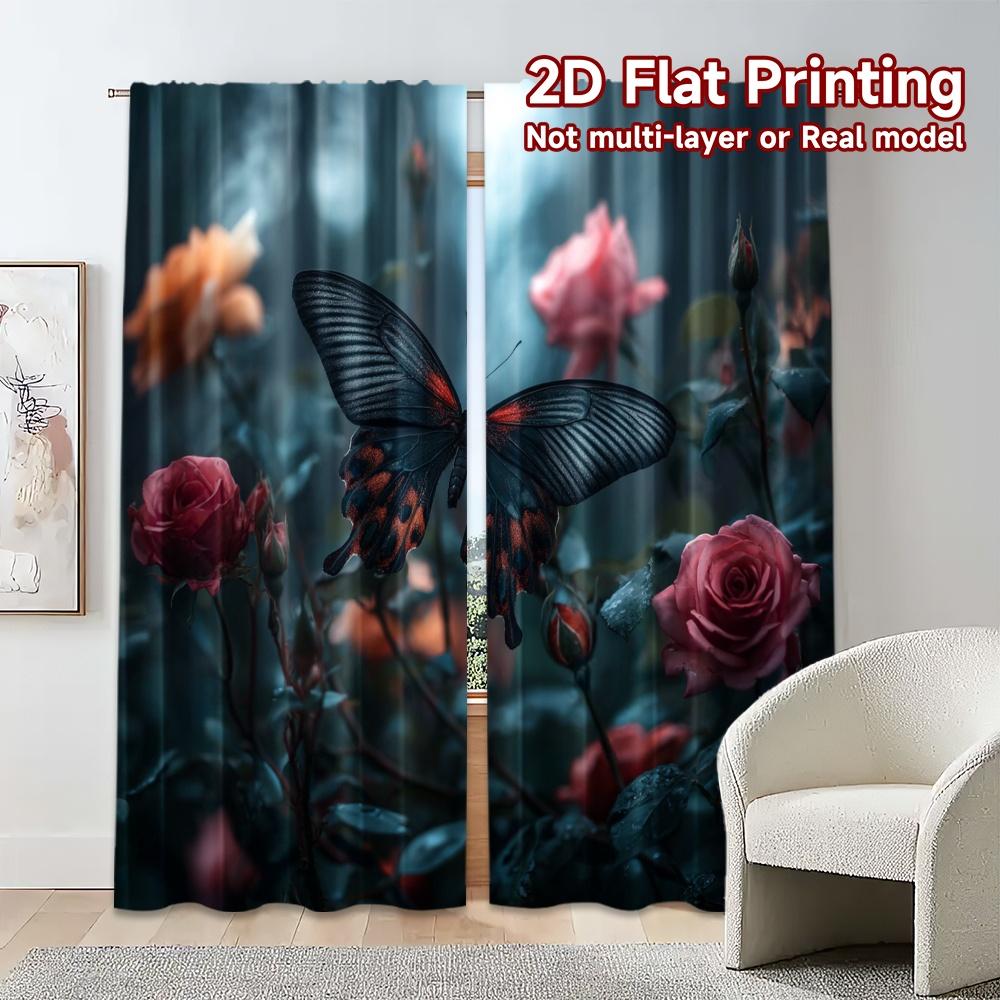 2pcs, 2D FLAT PRINTING Curtains (Without Rod) Butterfly Bloom Popular Fashionable Curtains Versatile Fabric Curtains Versatile