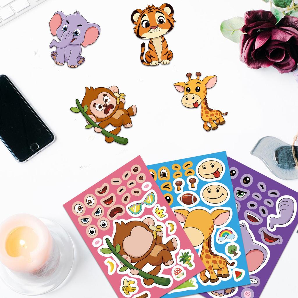 Original Cute Animal Face Swap Stickers - 8 Sheets (Giraffe, Elephant) for Children's Educational Learning Puzzles