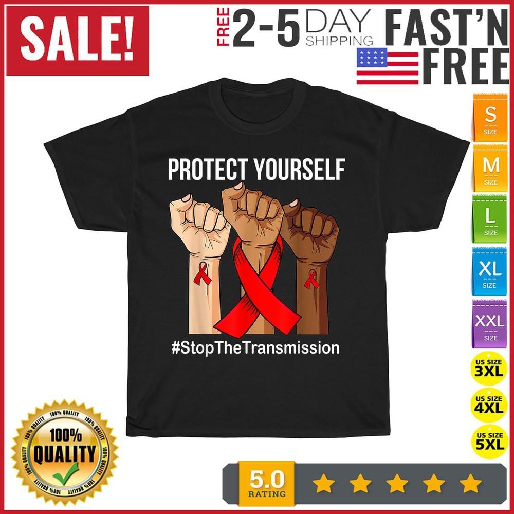 

Raising Hand Protect Yourself HIV-AIDS Awareness Red Ribbon T Shirt Men Women M