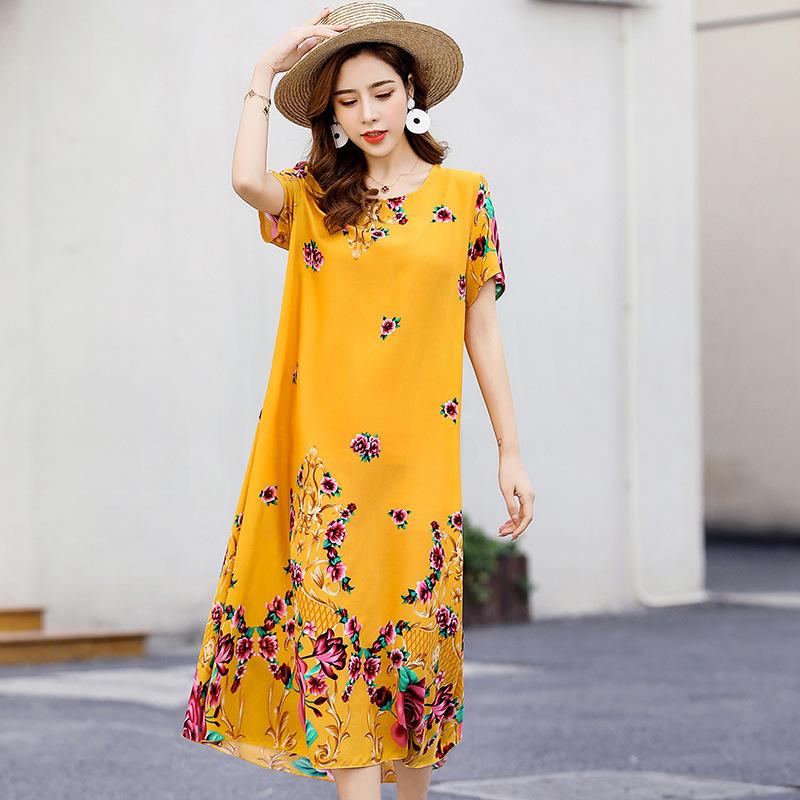 Dle Aged Mother Wearing Cotton Silk Dress Summer Dress for Long Vintage Loose Women Elegant Short Sleeve Casual O-neck Dresses Print Woman Clothing