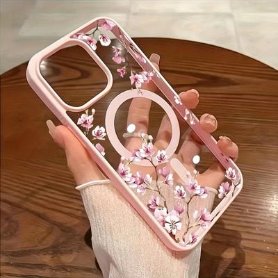 Design Elegant cu Fundal Floral Cireșe Roz Husă Magnetică pentru Telefon pentru iPhone 17 16 15 14 13 12 Pro Max 11 16 Plus 16E 17Air Cover