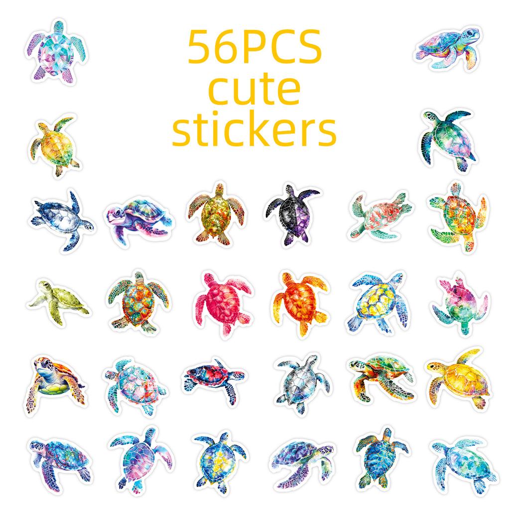 56 Colorful Ocean Turtle Stickers, Watercolor Style Hand Account Decorative Stickers Waterproof Diy Notebook Decorative Stickers