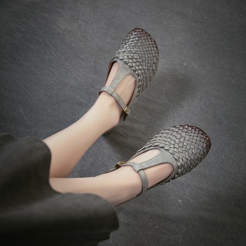 Johnature Genuine Leather Woven Shallow Mary Jane Shoes Retro Low Heeled Women's Shoes