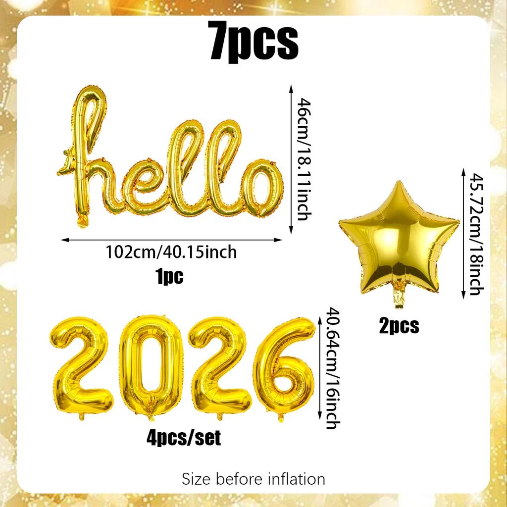 7pcs Hello 2026 New Year Aluminum Foil Balloon Set Rose Gold Conjoined Letters & Numbers for Party Decor Holiday Celebration