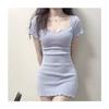 Spice Girl Blue V-neck Short-sleeved T-shirt Dress Women's Summer Small Slim-fit Sexy Hip-wrapped A-word Short Skirt Skirt