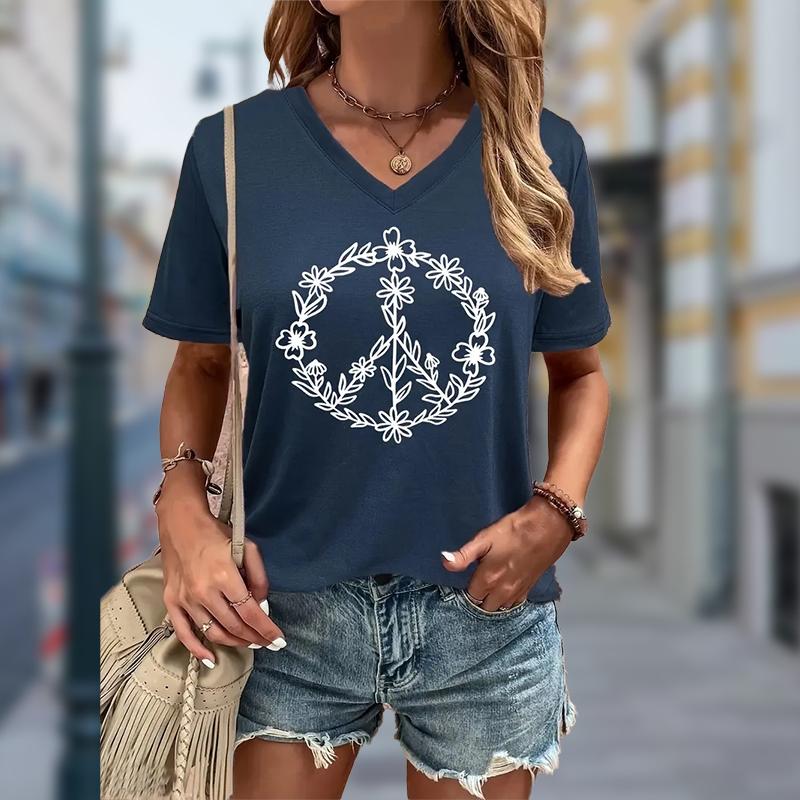 

Цветочный венок Узор Живопись Блузки Короткие рукава V-образный вырез Футболки Повседневные 8XL синий
