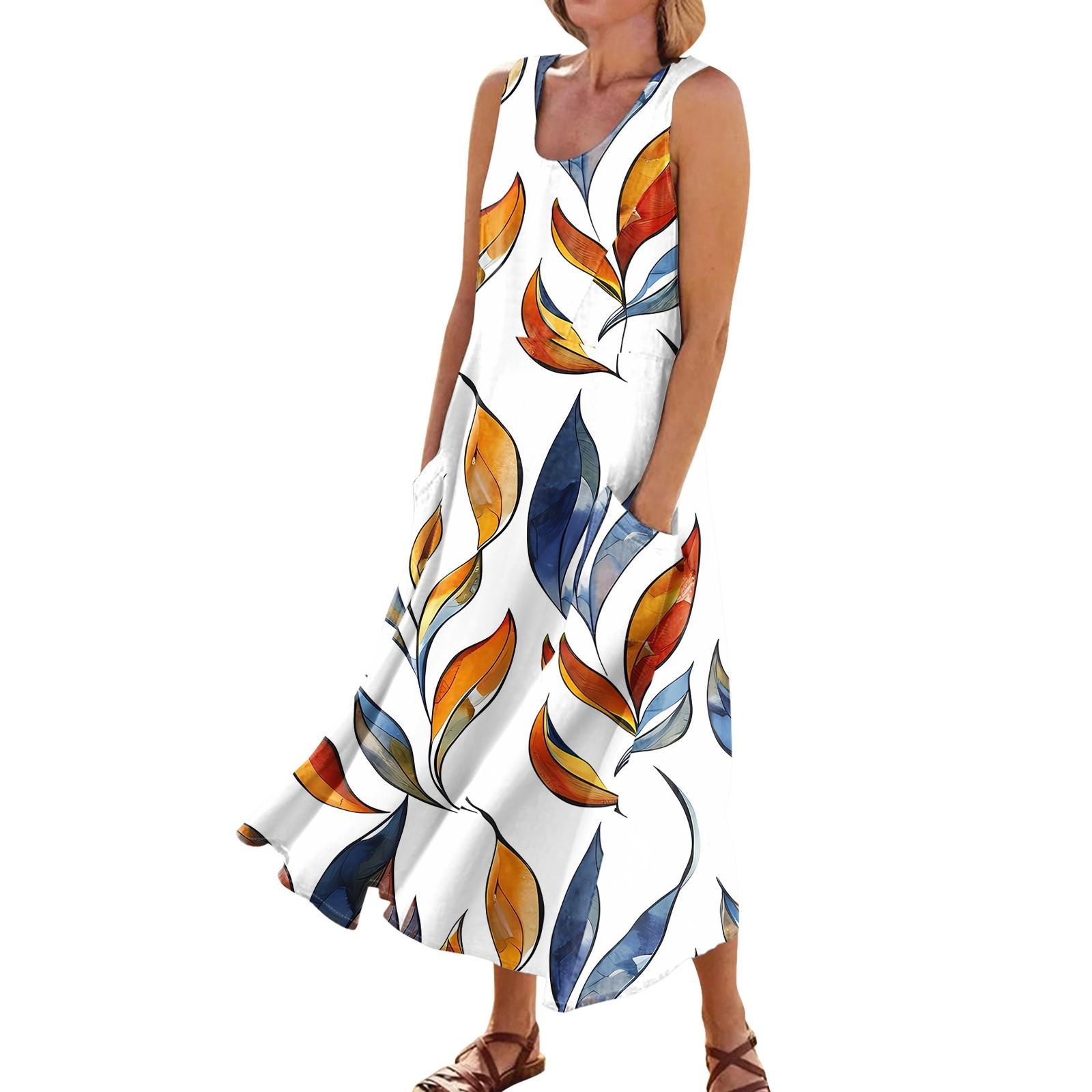 

Платье без рукавов для женщин. Женское летнее повседневное модное платье без рукавов с круглым вырезом и карманом с принтом. XL оранжевый