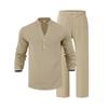 Men Loose Casual Breathable V Neck Long Sleeve Henley Shirt And Long Pants Set
