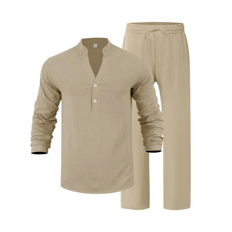 Men Loose Casual Breathable V Neck Long Sleeve Henley Shirt And Long Pants Set