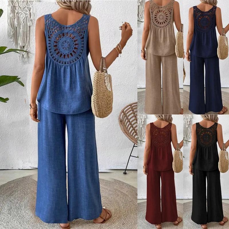 Casual Fashionable Pure Color Back Hollow Out Long Pants Set Women's Leisure Ensemble Elegant Style Summer Season Sleeveless Sets