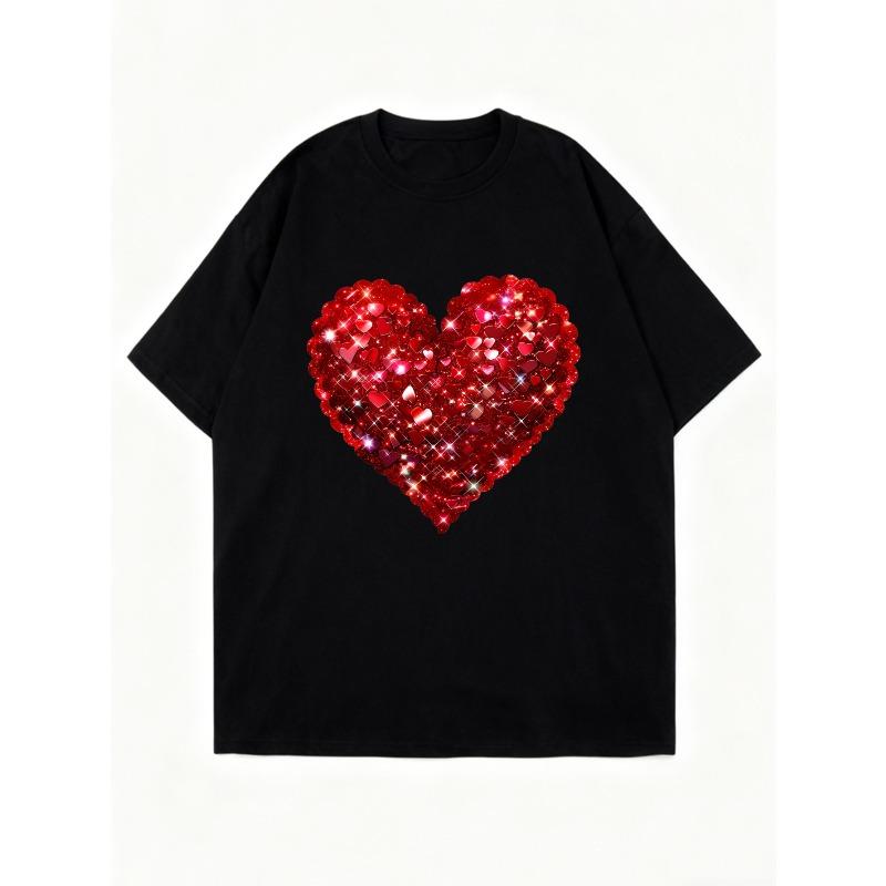 Black Oversized T Shirt With Red Sequin Heart Print For Casual Wear And Party Outfits