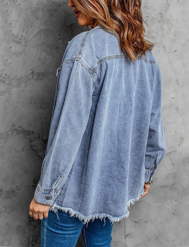 Damen Oversized Distressed Jeansjacke - Lässiges Langarmhemd für Frühling 2025